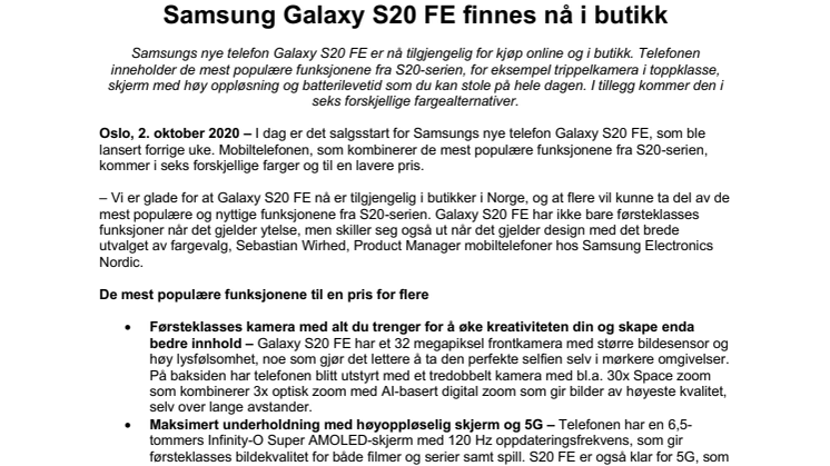 Samsung Galaxy S20 FE finnes nå i butikk