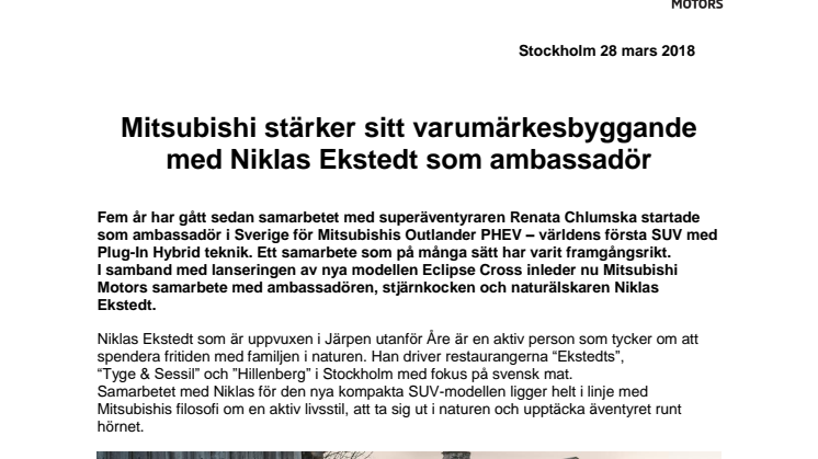 Mitsubishi stärker sitt varumärkesbyggande med Niklas Ekstedt som ambassadör 