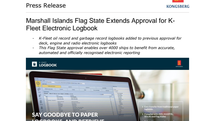 Kongsberg Maritime: Marshall Islands Flag State Extends Approval for K-Fleet Electronic Logbook