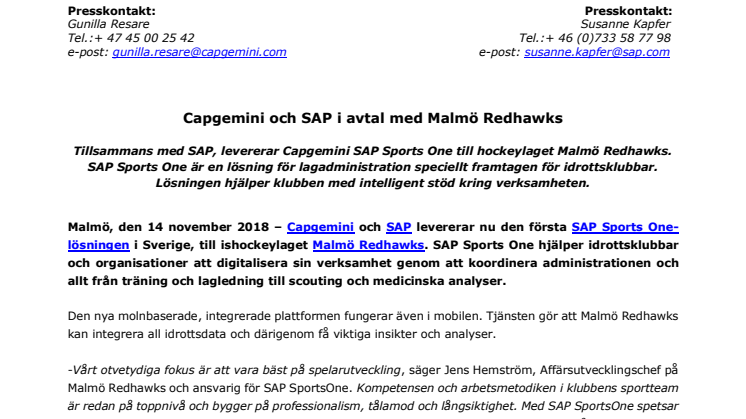 Capgemini och SAP i avtal med Malmö Redhawks