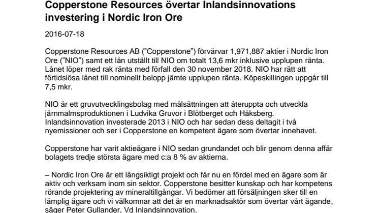 Copperstone Resources övertar Inlandsinnovations investering i Nordic Iron Ore
