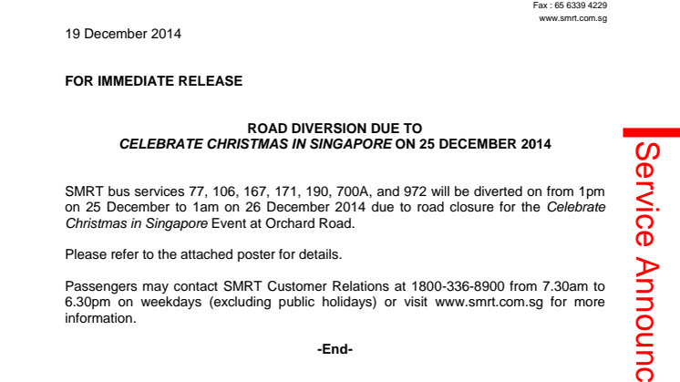 Road Diversion due to Celebrate Christmas in Singapore on 25 December 2014