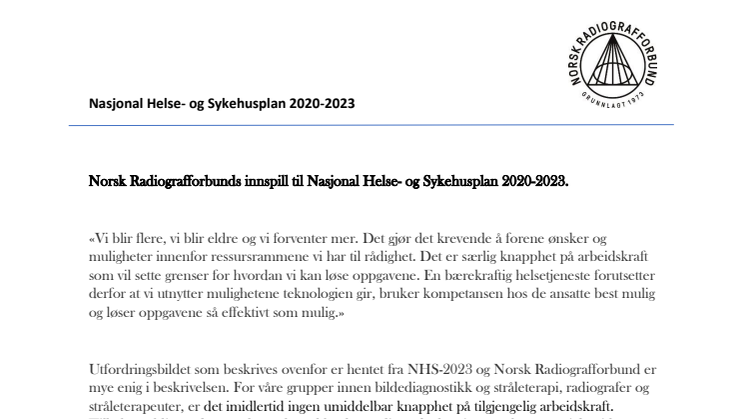 Norsk Radiografforbunds innspill til Nasjonal Helse- og Sykehusplan 2020-2023.