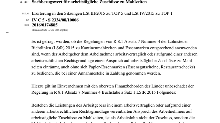 Klarstellung durch das Bundesministerium der Finanzen: Sachbezugswert für arbeitstägliche Zuschüsse zu Mahlzeiten zulässig