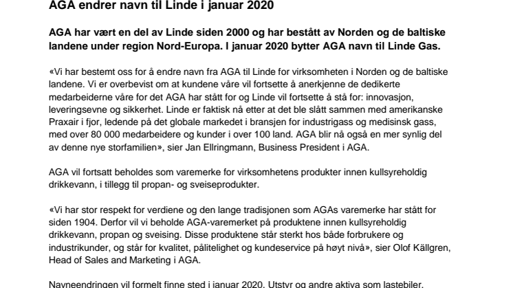 ​AGA endrer navn til Linde i januar 2020