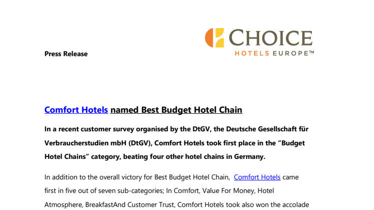 Comfort Hotels voted "Best Budget Hotel Chain"