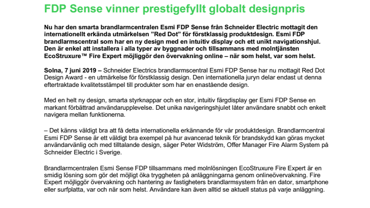 Schneider Electrics smarta brandlarmcentral Esmi FDP Sense vinner prestigefyllt globalt designpris