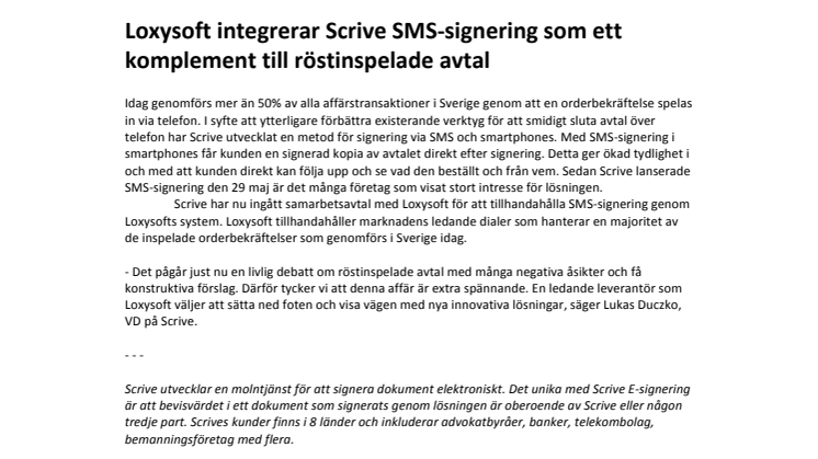 Loxysoft integrerar Scrive SMS-signering som ett komplement till röstinspelade avtal