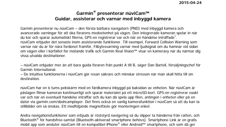 Garmin® presenterar nüviCam™ Guidar, assisterar och varnar med inbyggd kamera	