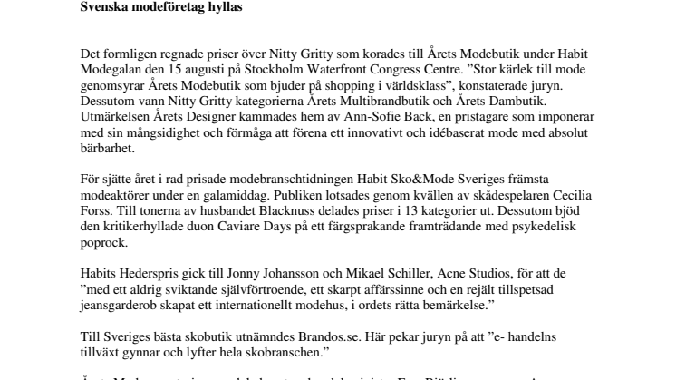 Svenska modeföretag hyllas - Habit Modegalan 2012