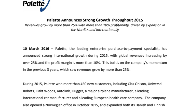 Palette Announces Strong Growth Throughout 2015