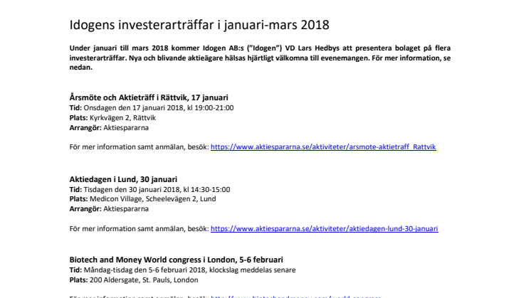Idogens investerarträffar i januari-mars 2018