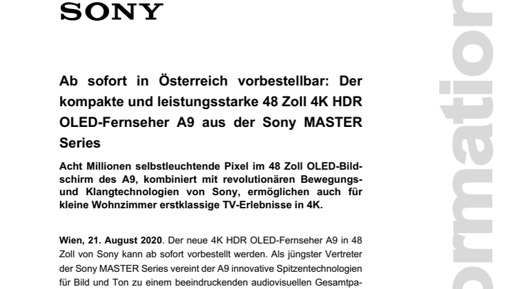 Ab sofort in Österreich vorbestellbar: Der kompakte und leistungsstarke 48 Zoll 4K HDR OLED-Fernseher A9 aus der Sony MASTER Series 