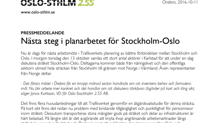 Nästa steg i planarbetet för Stockholm-Oslo