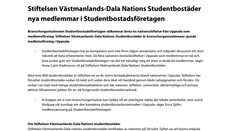 ​Stiftelsen Västmanlands-Dala Nations Studentbostäder nya medlemmar i Studentbostadsföretagen