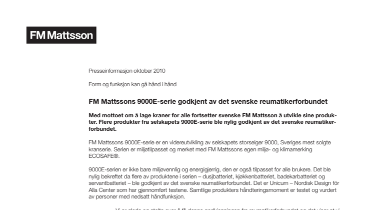 FM Mattssons 9000E-serie godkjent av det svenske reumatikerforbundet