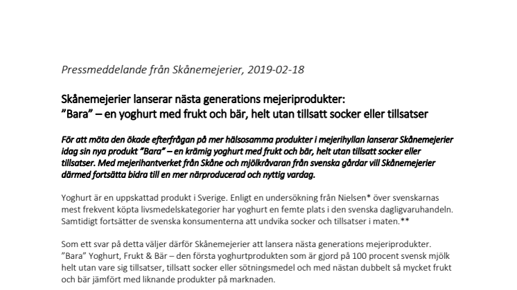 Skånemejerier lanserar nästa generations mejeriprodukter: ”Bara” – en yoghurt med frukt och bär, helt utan tillsatt socker eller tillsatser