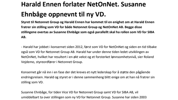 Harald Ennen forlater NetOnNet. Susanne Ehnbåge oppnevnt til ny VD.