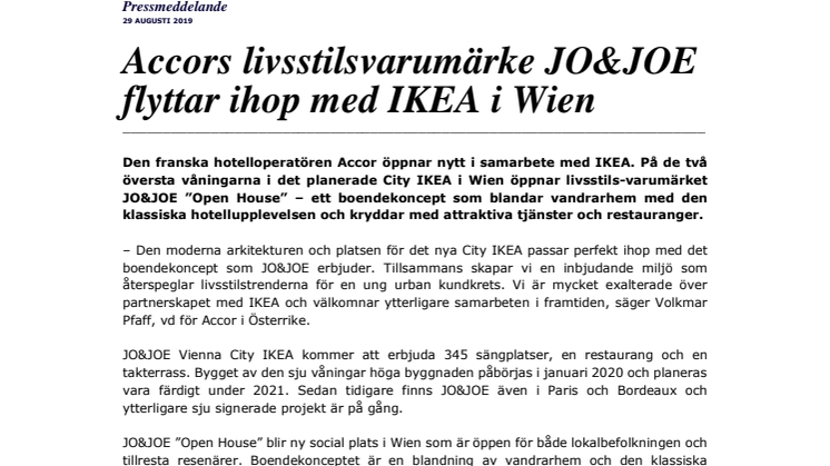  Accors livsstilsvarumärke JO&JOE flyttar ihop med IKEA i Wien