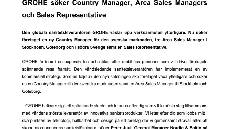 GROHE söker Country Manager, Area Sales Managers och Sales Representative