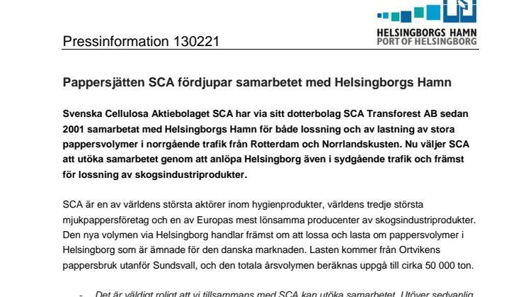 Pappersjätten SCA fördjupar samarbetet med Helsingborgs Hamn 
