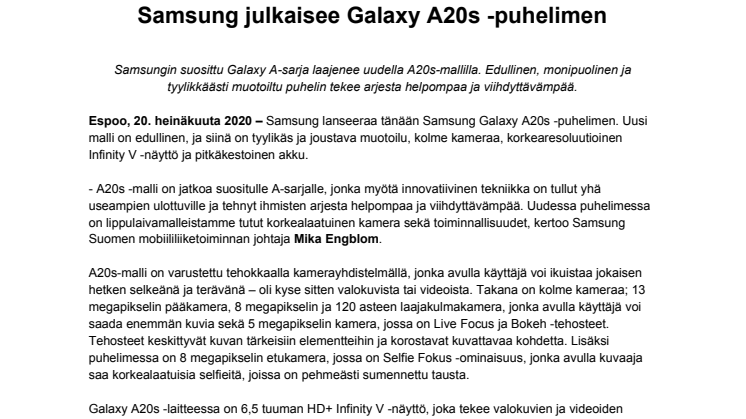 Samsung julkaisee Galaxy A20s -puhelimen