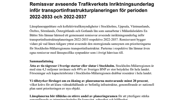 Mälardalsrådets remissvar avseende Inriktningsunderlaget för perioden 2022-2033 och 2022-2037