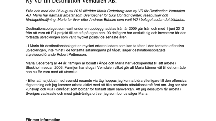 Ny VD till Destination Vemdalen AB