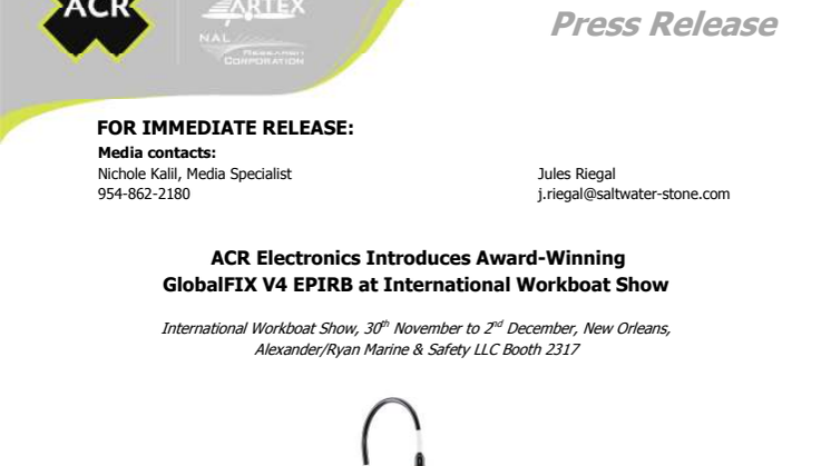 ACR Electronics: International Workboat Show - ACR Electronics Introduces Award-Winning GlobalFIX V4 EPIRB