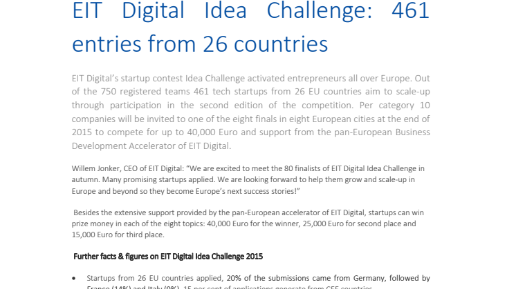 EIT Digital Idea Challenge: 461 entries from 26 countries 