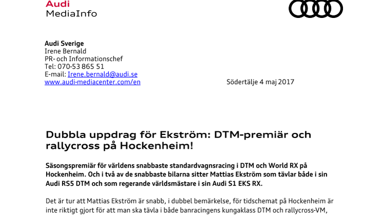 Dubbla uppdrag för Ekström: DTM-premiär och rallycross på Hockenheim!