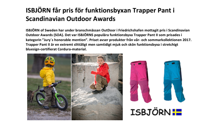 ISBJÖRN får pris för funktionsbyxan Trapper Pant i Scandinavian Outdoor Awards 