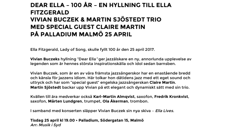 Dear Ella – 100 år – en hyllningskonsert till Ella Fitzgerald med Vivian Buczek & Martin Sjöstedt Trio på Palladium Malmö 25 april