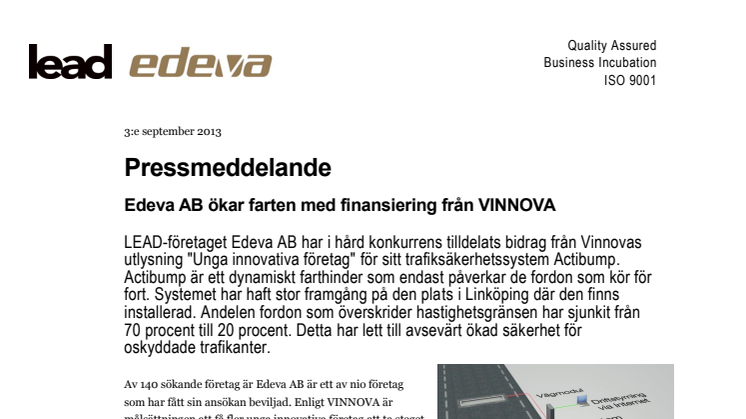 Edeva AB ökar farten med finansiering från VINNOVA   