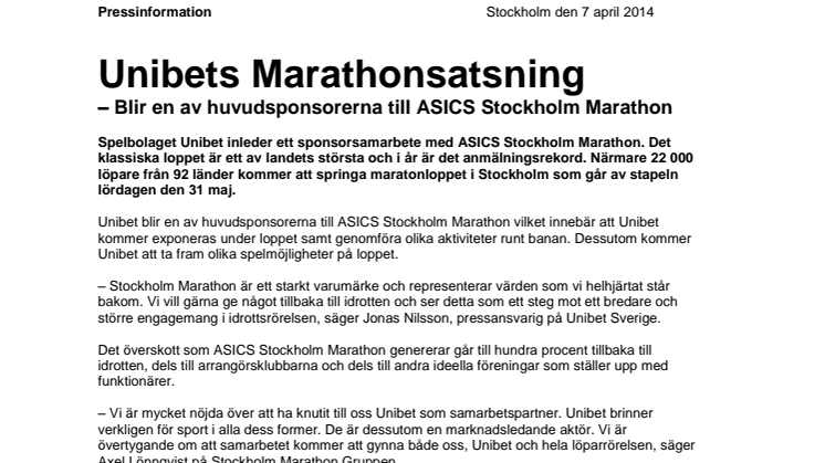 Unibets Marathonsatsning – Blir en av huvudsponsorerna till ASICS Stockholm Marathon