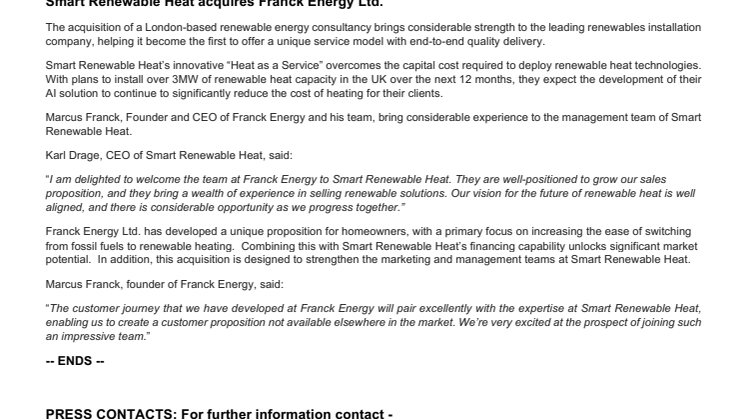  Smart Renewable Heat acquires Franck Energy Ltd.
