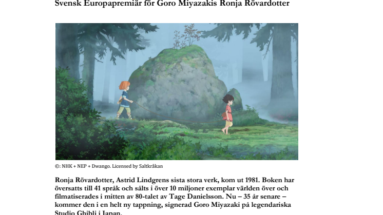 Svensk världspremiär för Goro Miyazakis Ronja Rövardotter