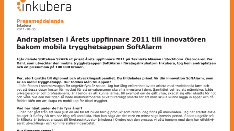 Andraplatsen i Årets uppfinnare 2011 till innovatören bakom mobila trygghetsappen SoftAlarm