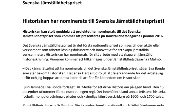 Historiskan har nominerats till Svenska Jämställdhetspriset!