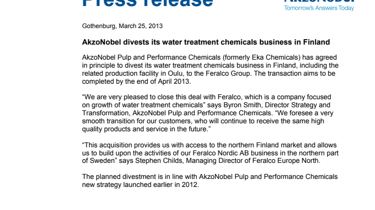 Press release: AkzoNobel divests its water treatment chemicals business in Finland