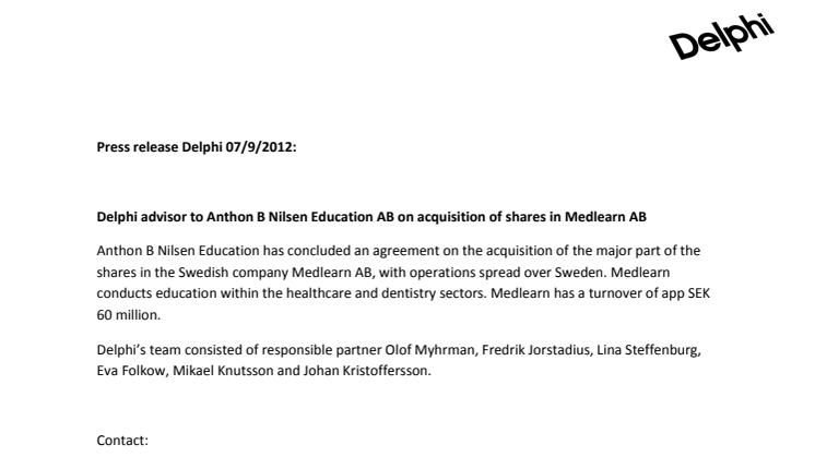 Delphi advisor to Anthon B Nilsen Education AB on acquisition of shares in Medlearn AB
