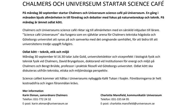 Chalmers och Universeum startar science café