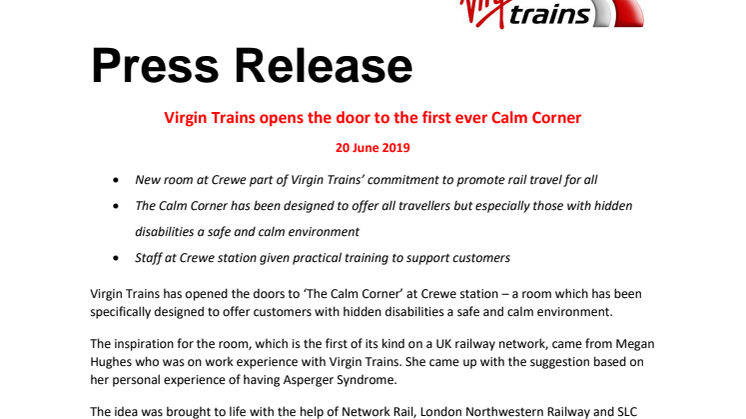 Virgin Trains opens the door to the first ever Calm Corner
