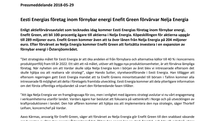 Eesti Energias företag inom förnybar energi Enefit Green förvärvar Nelja Energia