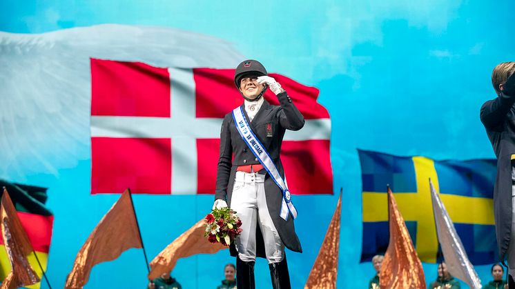 Danska Cathrine Dufour är titelförsvarare i Saab Top 10 Dressage. Med två danska och två svenska ryttare i årets startfält är det som upplagt för en spännande nordisk kamp i Friends Arena. Foto: Roland Thunholm