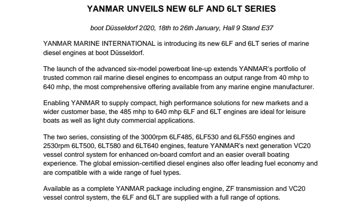 YANMAR Unveils New 6LF and 6LT Series