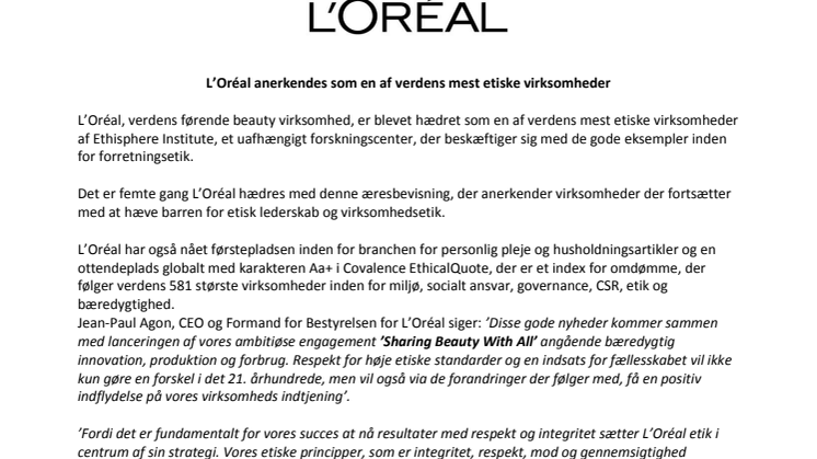 L'Oréal blandt verdens mest etiske virksomheder