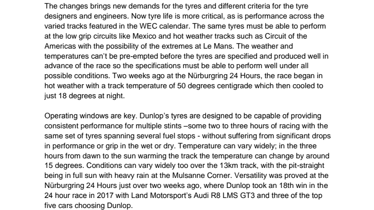 Dunlop’s Le Mans challenge with the new GT tyre regulations