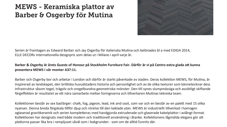 Centro visar keramiska ytskikt av Barber & Osgerby på Stockholm Furniture Fair