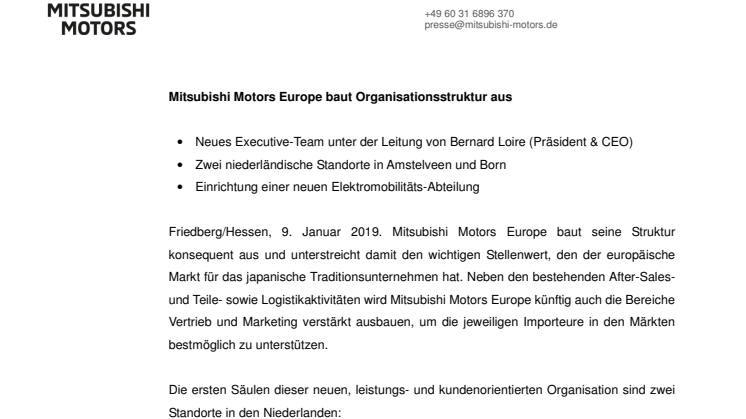 Mitsubishi Motors Europe baut Organisationsstruktur aus